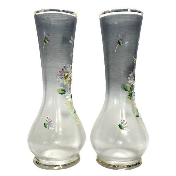Antique 1890s Pair of Bohemian Art Glass Enameled Tulips Flowers Smokey Grey - Picture 4 of 12